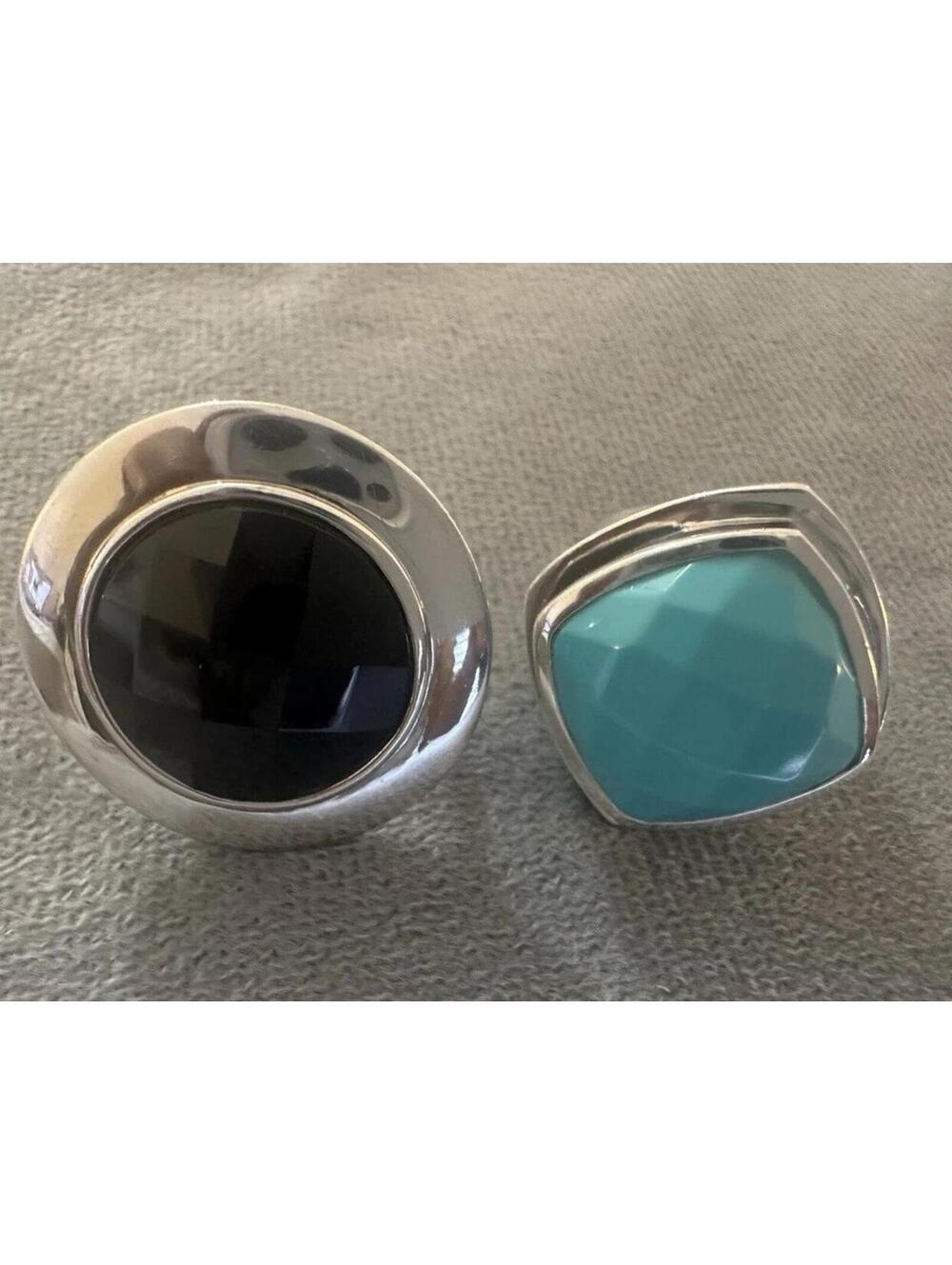 2 Elle Sterling Silver Faceted Onyx & Turquoise Color Ruby Accent Rings Size 7